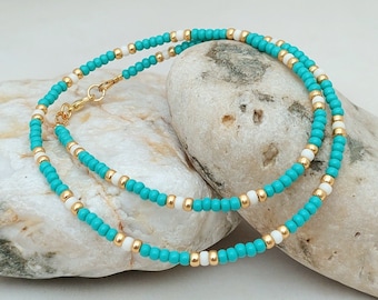 Turquoise Seed Bead Necklace - Handmade Turquoise Seed Bead Jewellery - Turquoise Holiday Necklace - Made in Cornwall - Cornish Jewellery