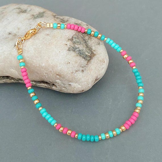 Turquoise and Pink Beaded Bracelet Cerise Pink & Turquoise Beaded Stretch Bracelet main image 4