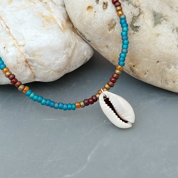 Cowrie Shell Beach Necklace - Teal Shell Bead Necklace Jewellery - Shell Surfer Necklace - Made in Cornwall - Cornish Jewellery