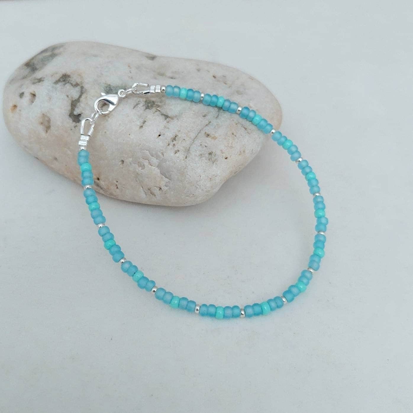 Sea Blue Bead Bracelet - Handmade Sea Blue Glass Seed Bead Jewellery - Sea Blue Surf Bracelet - Made in Cornwall - Cornish Jewellery