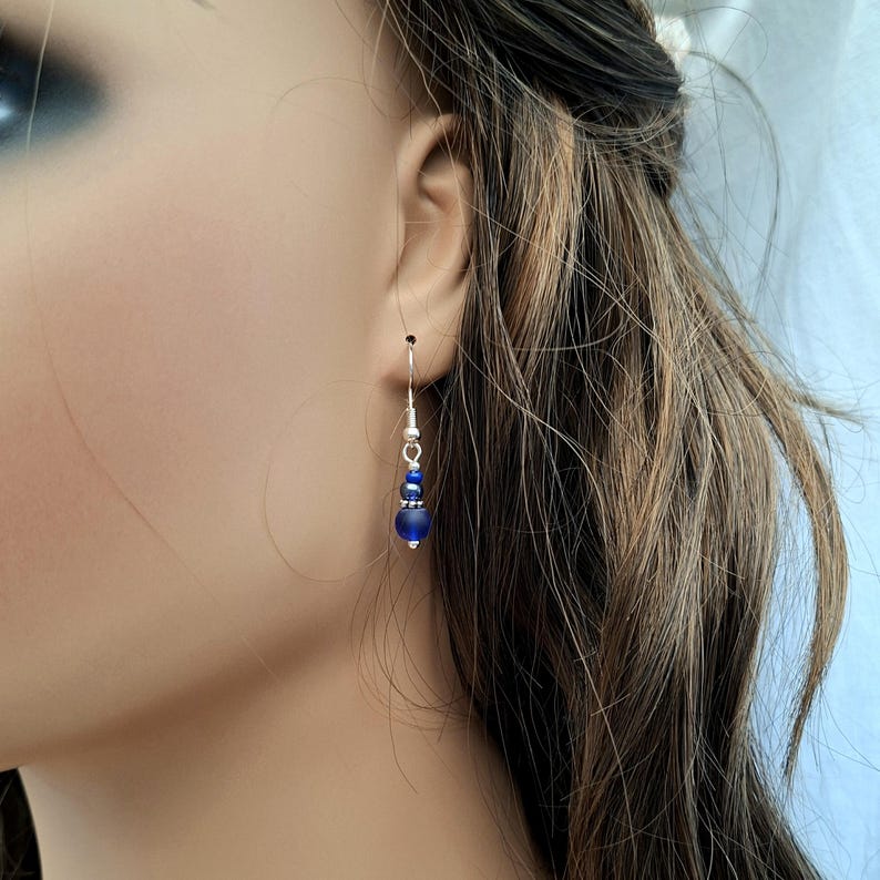 Dainty Dark Blue Earrings - Midnight Blue Glass Earrings - Blue glass Jewellery - Made in Cornwall - Cornish Jewellery image 2