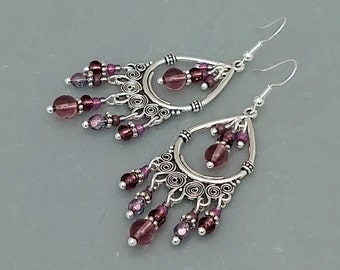 Purple Boho Chandelier Earrings - Purple Plum Boho Bead Earrings - Purple Bead Dangly Earrings - Made in Cornwall - Cornish Jewellery