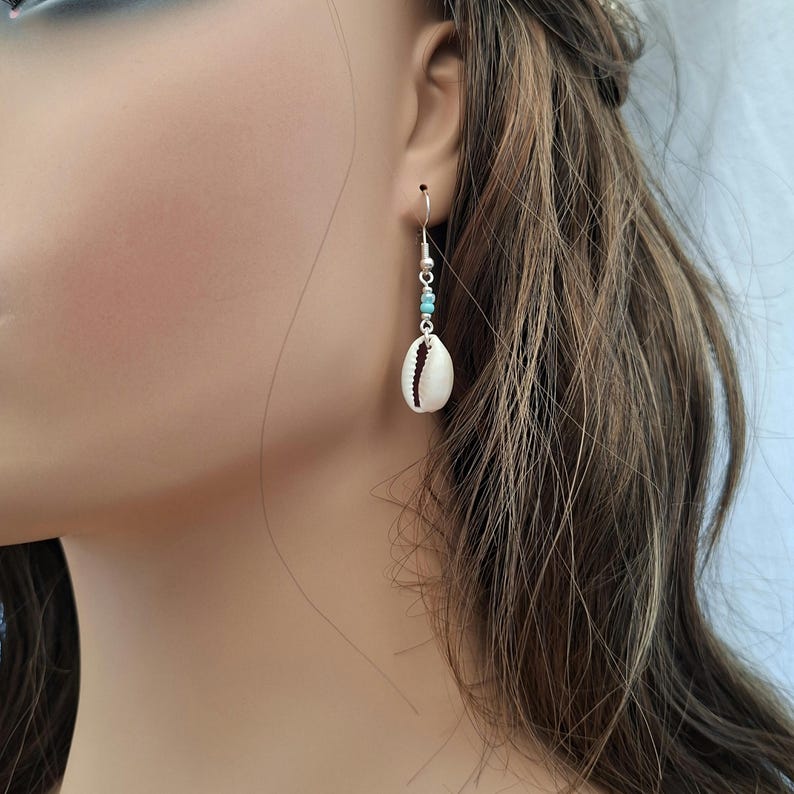 Cowrie Sea Shell Earrings - Turquoise Blue Sea Shell Earrings - Blue Cowrie Shell Jewellery - Made in Cornwall - Cornish Jewellery image 4