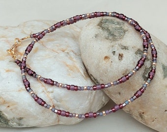 Purple Seed Bead Necklace - Handmade Purple Gold Seed Bead Jewellery - Purple Mauve Bead Necklace - Made in Cornwall - Cornish Jewellery