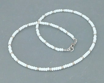 White Seed Bead Necklace - Handmade White Silver / Gold Bead Jewellery - White Beach Necklace - Made in Cornwall - Cornish Jewellery