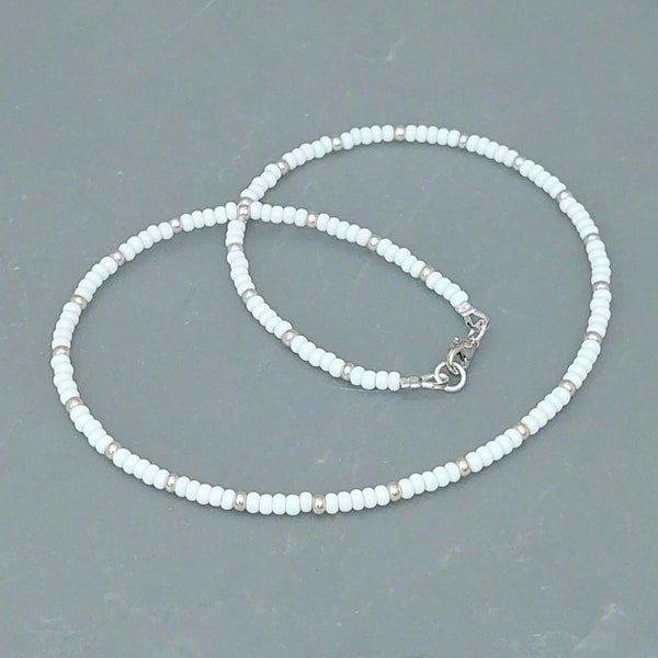 White Seed Bead Necklace - Handmade White Silver / Gold Bead Jewellery - White Beach Necklace - Made in Cornwall - Cornish Jewellery