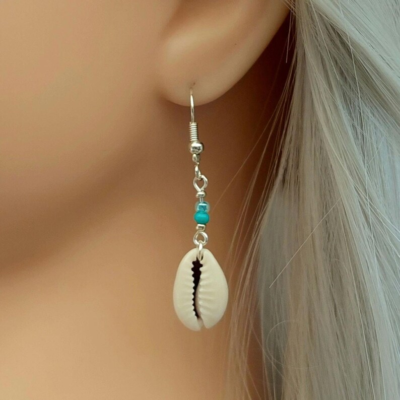 Cowrie Sea Shell Earrings - Turquoise Blue Sea Shell Earrings - Blue Cowrie Shell Jewellery - Made in Cornwall - Cornish Jewellery image 8