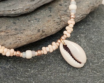 Cowrie Shell Beach Necklace - Ivory Gold Shell Bead Necklace Jewellery - Gift for beach lover - Made in Cornwall - Cornish Jewellery