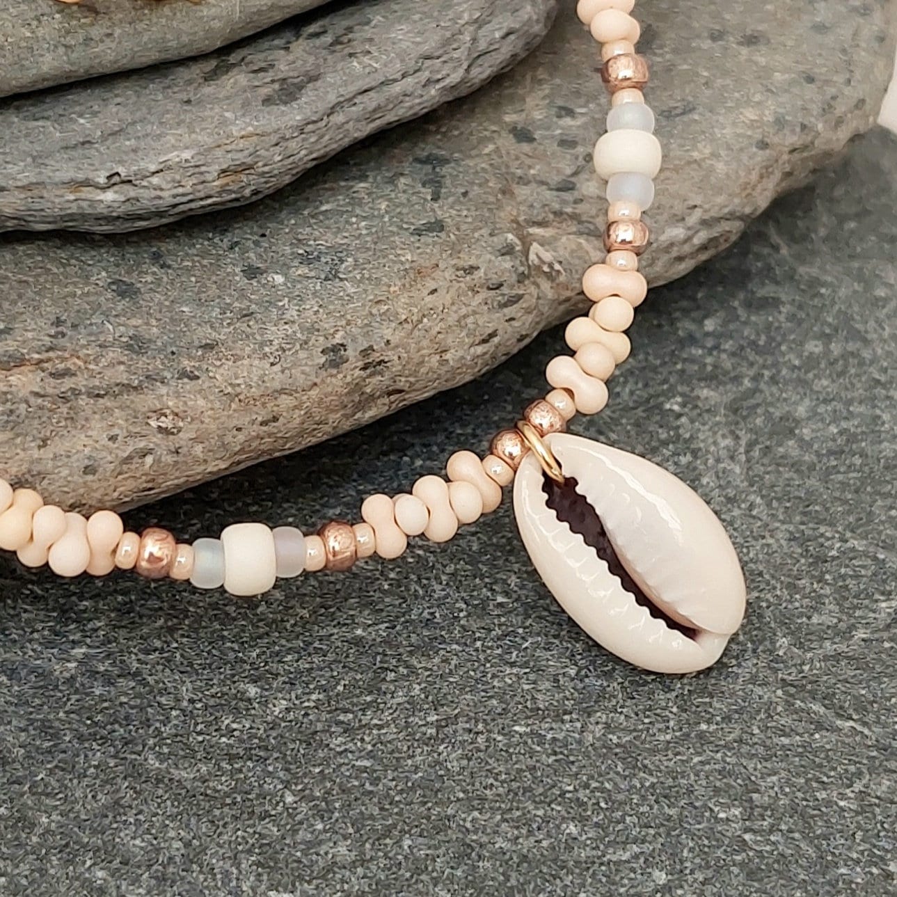 Cowrie Shell Beach Necklace Ivory Gold Shell Bead Necklace