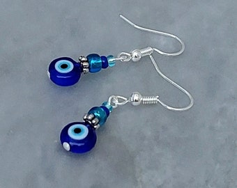 Dainty Evil Eye Earrings - Blue Evil Eye Beaded Earrings - Handmade Blue Evil Eye Earrings Jewellery - Made in Cornwall - Cornish Jewellery