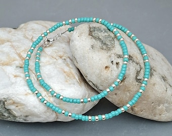 Turquoise Seed Bead Necklace - Handmade Turquoise Gold Silver Seed Bead Necklace Jewellery - Made in Cornwall - Cornish Jewellery