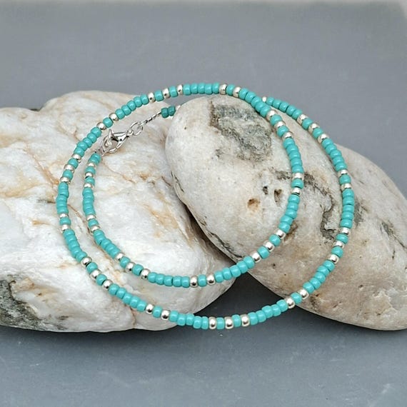 Turquoise Seed Bead Necklace - Handmade Turquoise Gold Silver Seed Bead Necklace Jewellery - Made in Cornwall - Cornish Jewellery