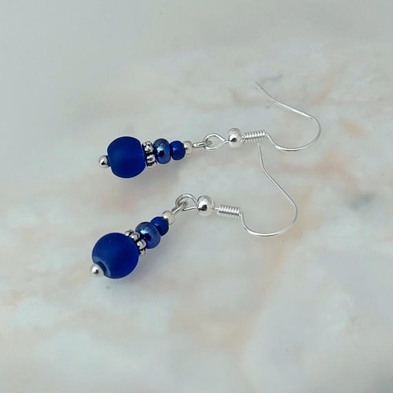 Dainty Dark Blue Earrings - Midnight Blue Glass Earrings - Blue glass Jewellery - Made in Cornwall - Cornish Jewellery