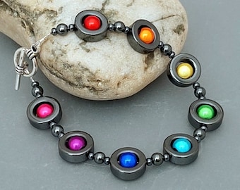 Hematite Rainbow Reflective Bracelet - Handmade Rainbow Illusion Bead Bracelet - Made in Cornwall - Cornish Jewellery