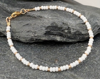 White Seed Bead Bracelet - White Gold/Silver Seed Bead Bracelet - White Bridal Bracelet - Made in Cornwall - Cornish Jewellery