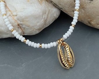 Gold Cowrie Shell Necklace - White Gold Beach Necklace - White Seed Bead Beach Shell Necklace Choker - Made in Cornwall - Cornish Jewellery