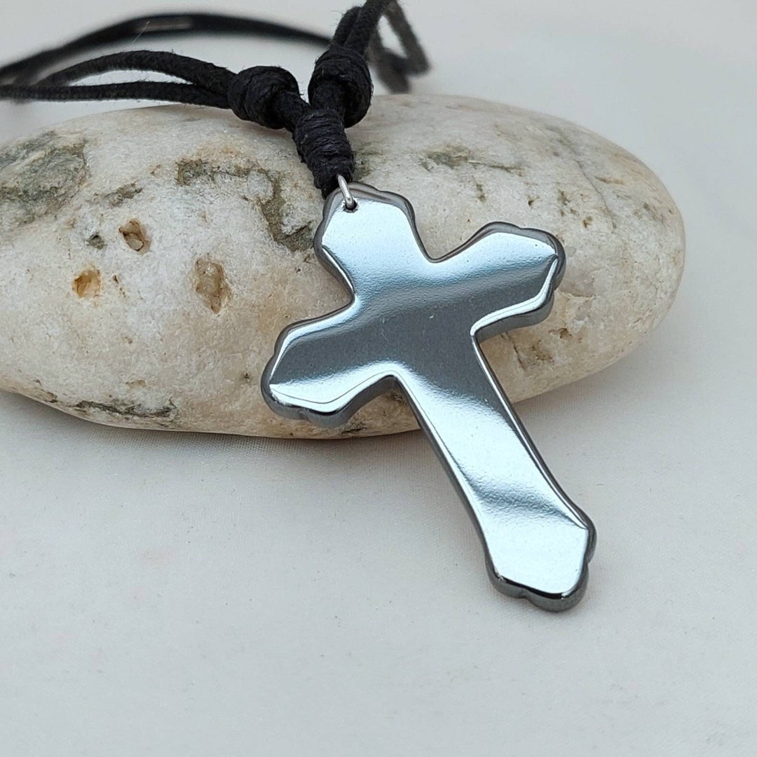 Hematite Stone Cross Pendant Hematite Cross Necklace Etsy
