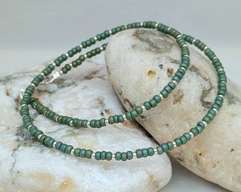 Sage Green Seed Bead Necklace - Sage Green Silver Bead Jewellery - Sage Green Surf Beach Necklace - Made in Cornwall - Cornish Jewellery