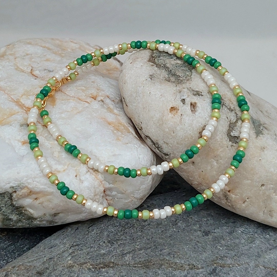Green Gold Seed Bead Necklace Handmade Green Bead Jewellery Green Gold Beach Necklace Jewellery ...