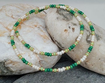 Green Gold Seed Bead Necklace - Handmade Green Bead Jewellery - Green Gold Beach Necklace Jewellery - Made in Cornwall - Cornish Jewellery