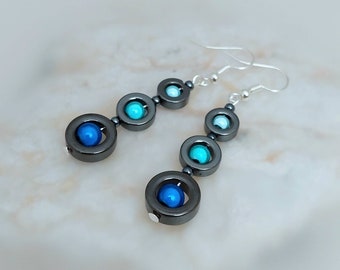 Hematite Ocean Blue Earrings - Hematite Blue Turquoise Earrings - Made in Cornwall - Cornish Jewellery