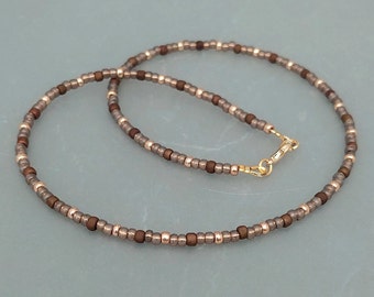 Taupe Brown Seed Bead Necklace - Handmade Taupe Brown Gold Seed Bead Jewellery - Brown Bead Necklace - Made in Cornwall - Cornish Jewellery