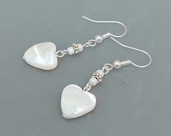 White Shell Heart Earrings - Mother of Pearl Heart of the Ocean Earrings - White Mermaid Earrings - Made in Cornwall - Cornish Jewellery
