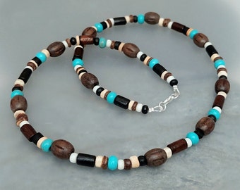 Wood Bead Surf Necklace - Mens Bead Surf Necklace - Necklace for men - Made in Cornwall - Cornish Jewellery