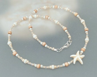 Starfish Seed Bead Necklace - Ivory Starfish Necklace Jewellery - Ivory seed bead starfish necklace - Made in Cornwall - Cornish Jewellery