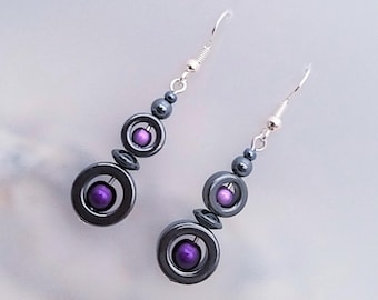 Purple Hematite Earrings - Purple Jewellery - Hematite Donut Earrings - Illusion bead - Made in Cornwall - Cornish Jewellery