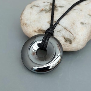 Hematite Donut Cord Necklace - Hematite Circle Pendant - Mens Hematite Pendant Necklace Jewellery - Made in Cornwall - Cornish Jewellery