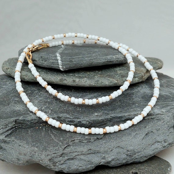 White Seed Bead Necklace in Gold or Silver - Handmade Cornish Surf Jewellery - Made in Cornwall