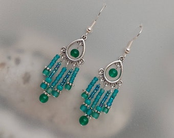 Dainty Sea Green Glass Earrings - Handmade Sea Green Chandelier Earrings - Sea Green Jewellery - Made in Cornwall - Cornish Jewellery