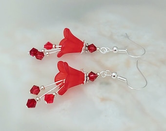 Red Flower Earrings - Dainty Red Floral Earrings Jewellery - Red Earrings - Red Jewellery - Made in Cornwall - Cornish Jewellery