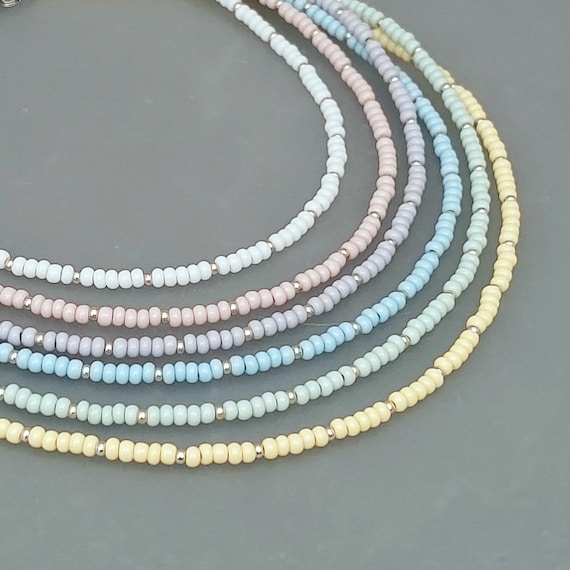 Pastel Seed Bead Necklace Yellow Green Blue Lilac Pink White