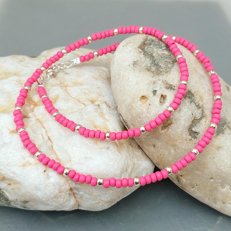 Hot Pink Necklace - Handmade Hot Pink Seed Bead Necklace Jewellery - Hot Pink Choker Necklace - Made in Cornwall - Cornish Jewellery