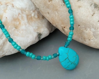 Turquoise Teardrop Pendant Necklace - Turquoise Teardrop Jewellery - Turquoise Howlite Jewellery - Handmade in Cornwall - Cornish Jewellery