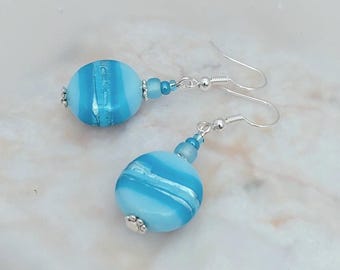 Sea Blue Glass Earrings - Blue Ocean Glass Disc Earrings - Blue Ocean Sea Jewellery - Made in Cornwall - Cornish Jewellery