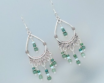 Green Boho Earrings - Handmade Green Chandelier Earrings - Green Handmade Jewellery - Hand made in Cornwall - Cornish Jewellery