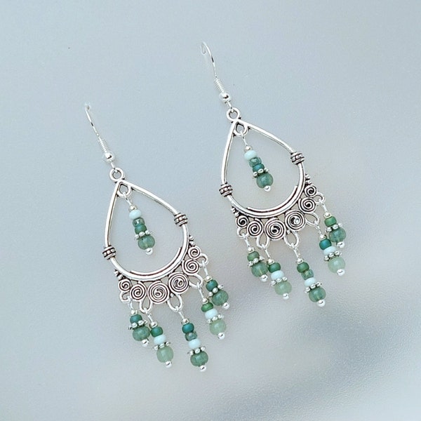 Green Boho Earrings - Handmade Green Chandelier Earrings - Green Handmade Jewellery - Hand made in Cornwall - Cornish Jewellery