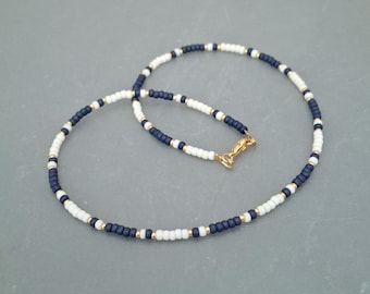 Dark Blue and Ivory Seed Bead Necklace in Gold or Silver - Handmade Cornish Jewellery
