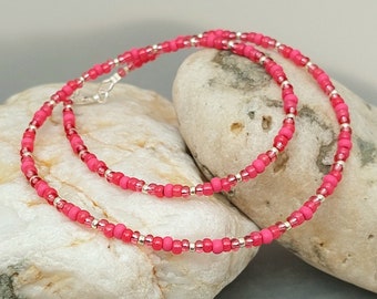 Pink Seed Bead Necklace - Handmade Hot Pink Seed Bead Necklace Jewellery - Hot Pink Choker Necklace - Made in Cornwall - Cornish Jewellery