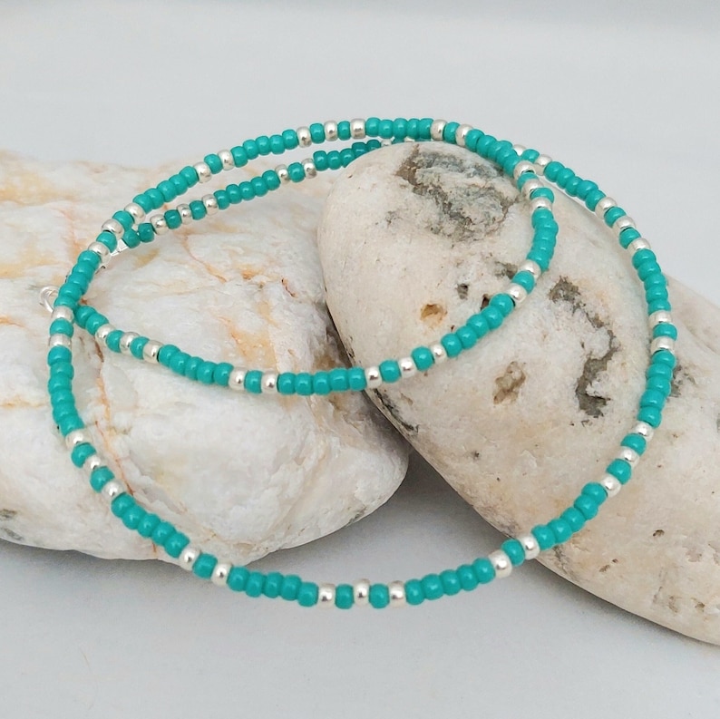 Turquoise Seed Bead Necklace - Handmade Turquoise Gold Silver Seed Bead Necklace Jewellery - Made in Cornwall - Cornish Jewellery image 4