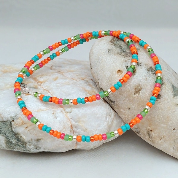 Colourful Seed Bead Necklace - Handmade Bright Colourful Holiday Seed Bead Necklace Choker Jewellery - Made in Cornwall - Cornish Jewellery