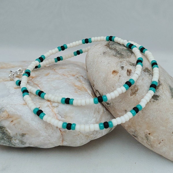 Seed Bead Surf Necklace - Turquoise Ivory Black Beach Surfer Bead Jewellery - Tribal Bead Necklace- Made in Cornwall - Cornish Jewellery