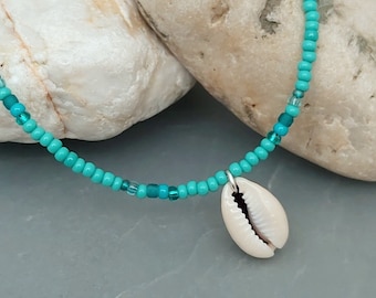 Cowrie Shell Beach Necklace - Turquoise Bead Shell Necklace Jewellery - Turquoise Seed Bead Necklace - Made in Cornwall - Cornish Jewellery