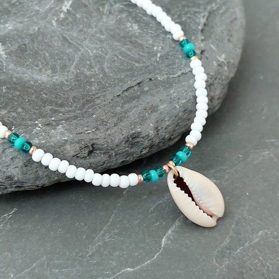 Cowrie Shell Beach Necklace White Turquoise and Gold silver Shell Seed Bead Necklace Jewellery Made in Cornwall Cornish Jewellery Etsy Canada