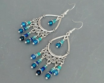 Sea Blue Boho Earrings - Handmade Sea Blue Chandelier Earrings - Sea Blue Handmade Earrings Jewellery - Made in Cornwall - Cornish Jewellery