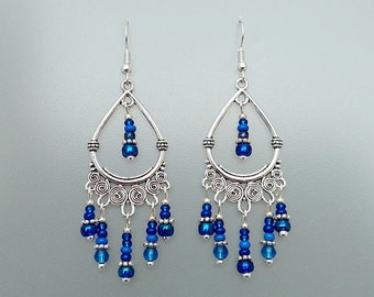 Dark Blue Boho Earrings - Dark Blue Handmade Bohemian Chandelier Earrings Jewellery - Made in Cornwall - Cornish Jewellery