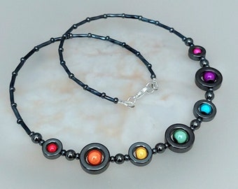 Hematite Rainbow Necklace - Hematite Rainbow Beaded Necklace - Rainbow Illusion Bead Jewellery - Made in Cornwall - Cornish Jewellery